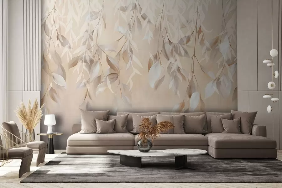 wall murals Hanging textured white and beige leaves with a soft color palette, peach, gray and white delicate background  w09136