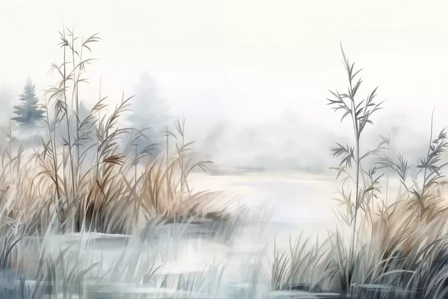 wall murals Textured landscape of a lake with tall grasses in the foreground, soft blue and brown, calm water, trees in the distance w09137