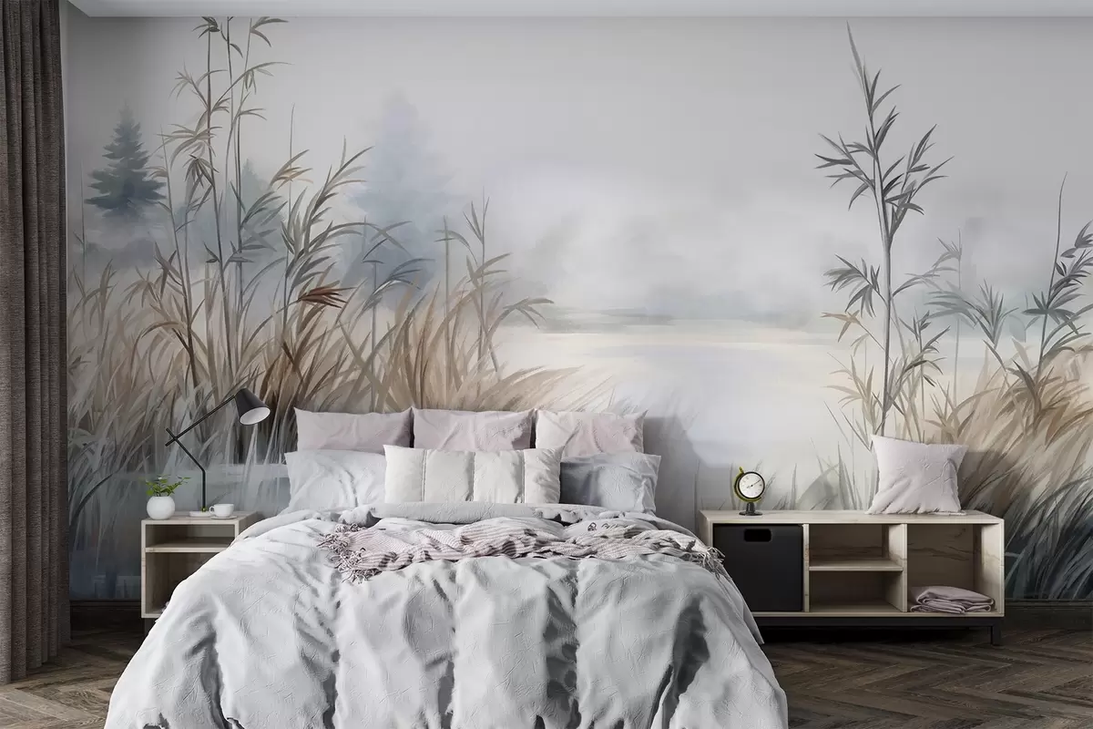 wall murals Textured landscape of a lake with tall grasses in the foreground, soft blue and brown, calm water, trees in the distance w09137