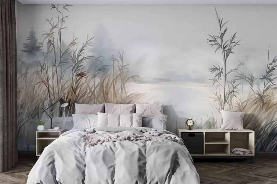 wall murals Textured landscape of a lake with tall grasses in the foreground, soft blue and brown, calm water, trees in the distance w09137