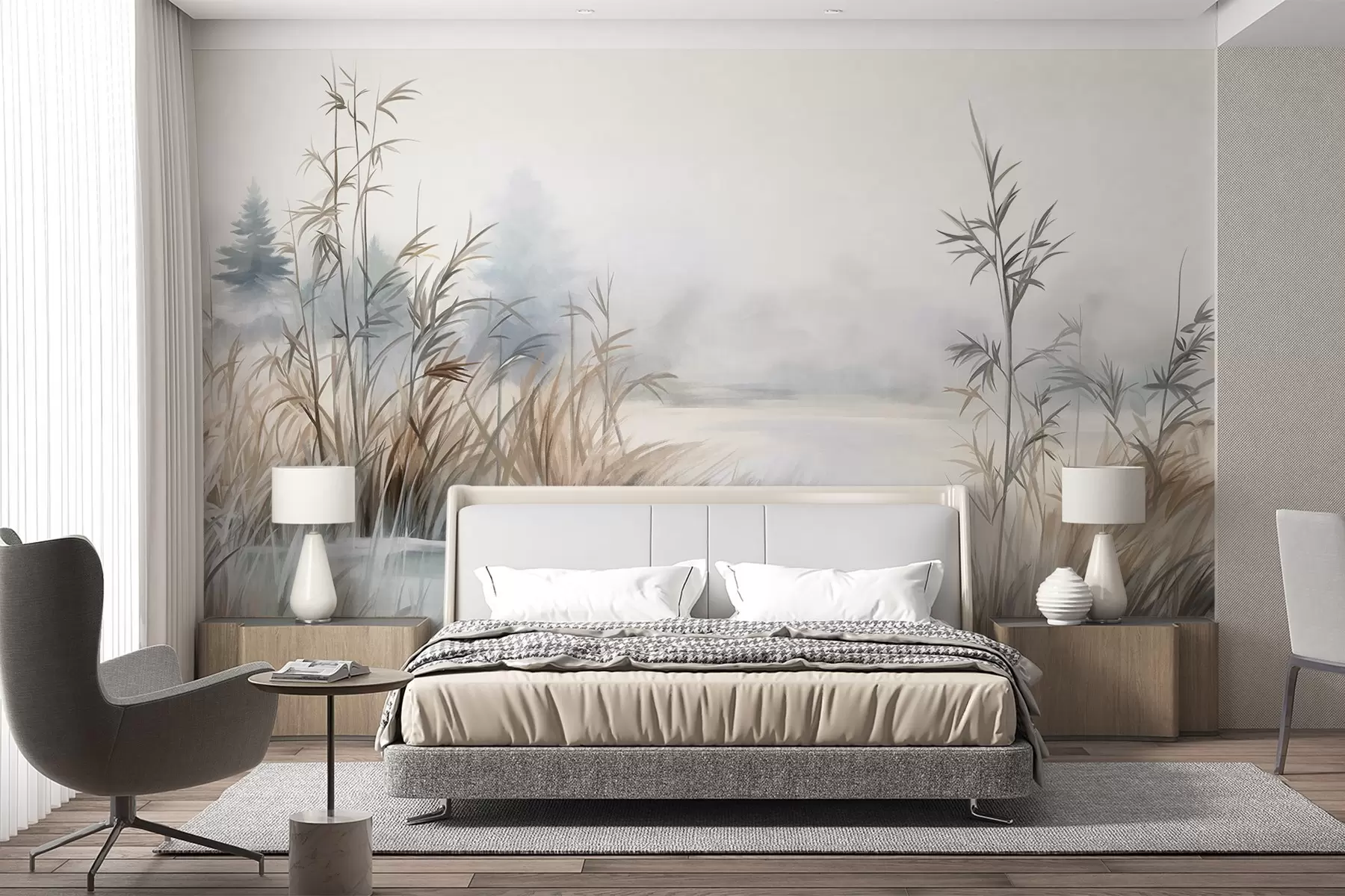 wall murals Textured landscape of a lake with tall grasses in the foreground, soft blue and brown, calm water, trees in the distance w09137