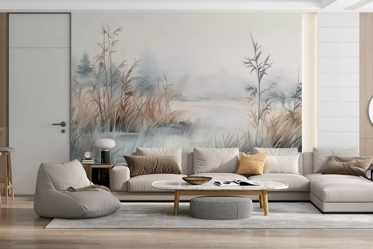 wall murals Textured landscape of a lake with tall grasses in the foreground, soft blue and brown, calm water, trees in the distance w09137