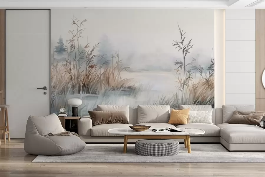 wall murals Textured landscape of a lake with tall grasses in the foreground, soft blue and brown, calm water, trees in the distance w09137