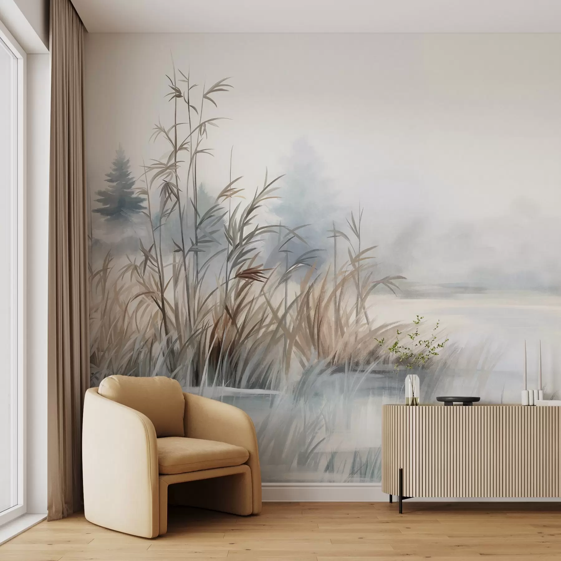 wall murals Textured landscape of a lake with tall grasses in the foreground, soft blue and brown, calm water, trees in the distance w09137