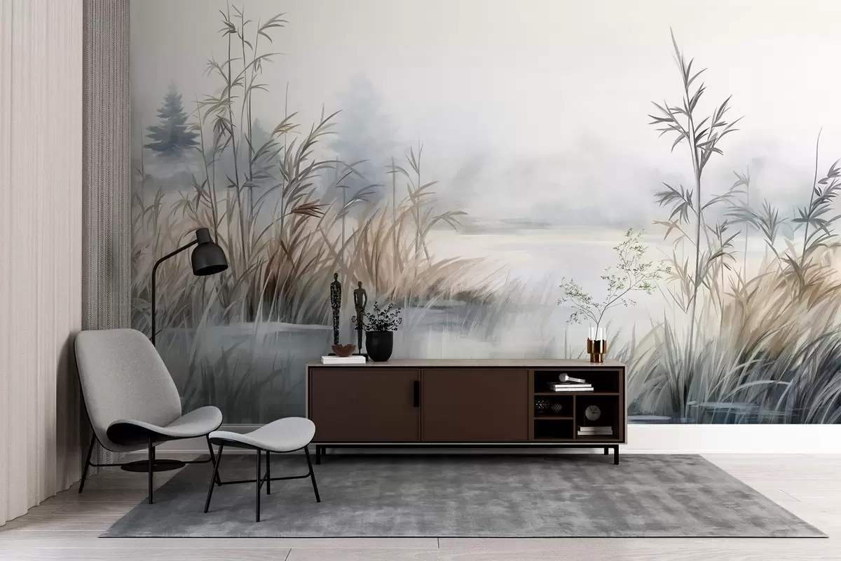 wall murals Textured landscape of a lake with tall grasses in the foreground, soft blue and brown, calm water, trees in the distance w09137