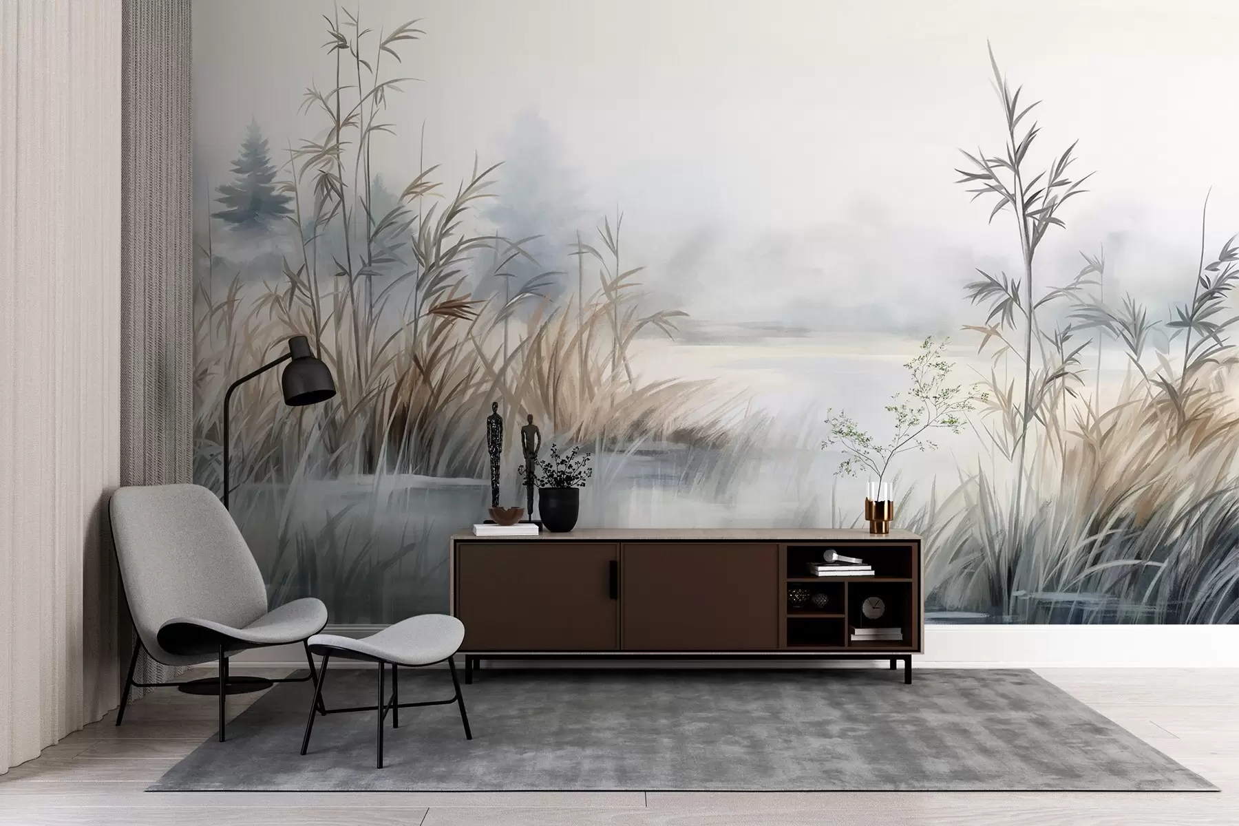 wall murals Textured landscape of a lake with tall grasses in the foreground, soft blue and brown, calm water, trees in the distance w09137