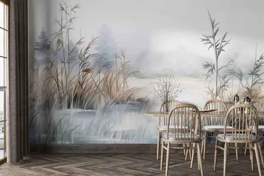 wall murals Textured landscape of a lake with tall grasses in the foreground, soft blue and brown, calm water, trees in the distance w09137