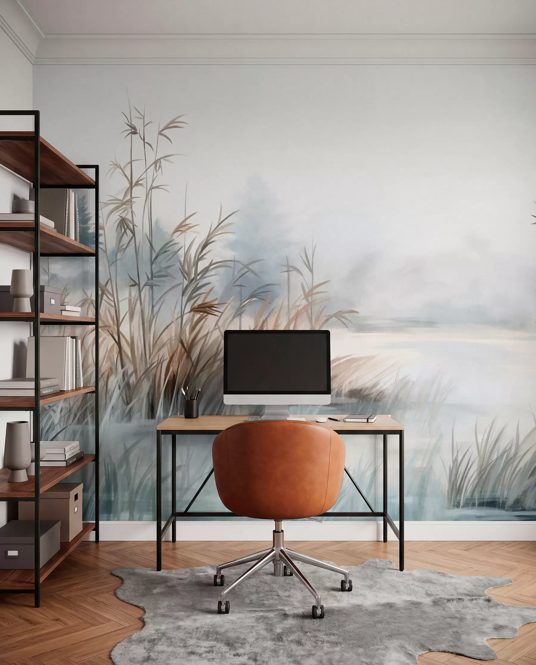 wall murals Textured landscape of a lake with tall grasses in the foreground, soft blue and brown, calm water, trees in the distance w09137