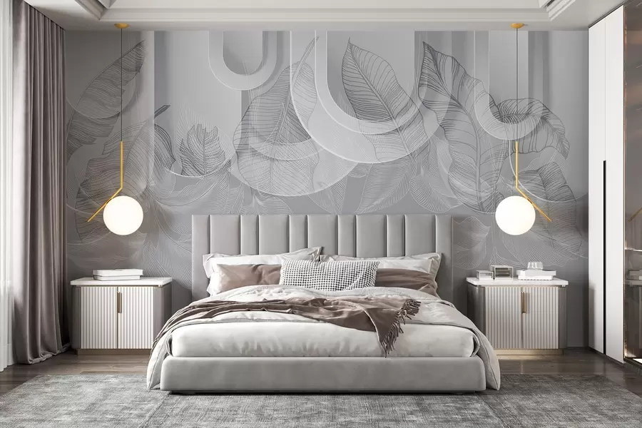 wall murals Abstract background with gray arches and white tropical leaves, minimalist design, elegant and modern, neutral color palette w09138