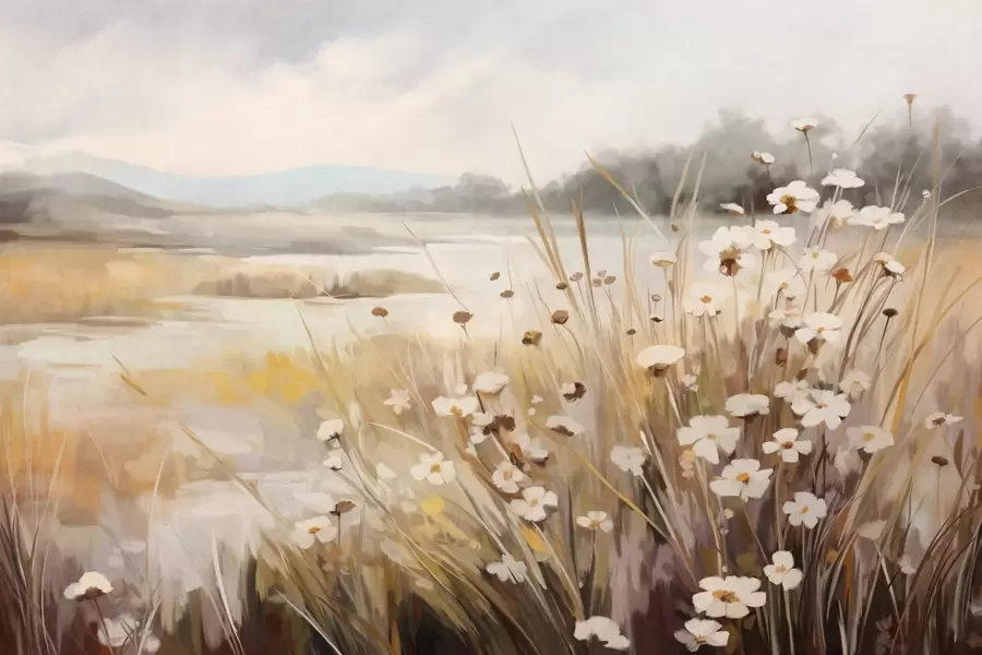 wall murals Field of tall grass and white daisies, trees in the background, under a cloudy sky, textured landscape, soft brushstrokes w09139