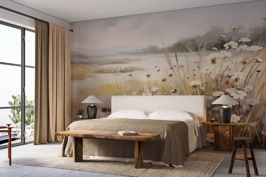 wall murals Field of tall grass and white daisies, trees in the background, under a cloudy sky, textured landscape, soft brushstrokes w09139