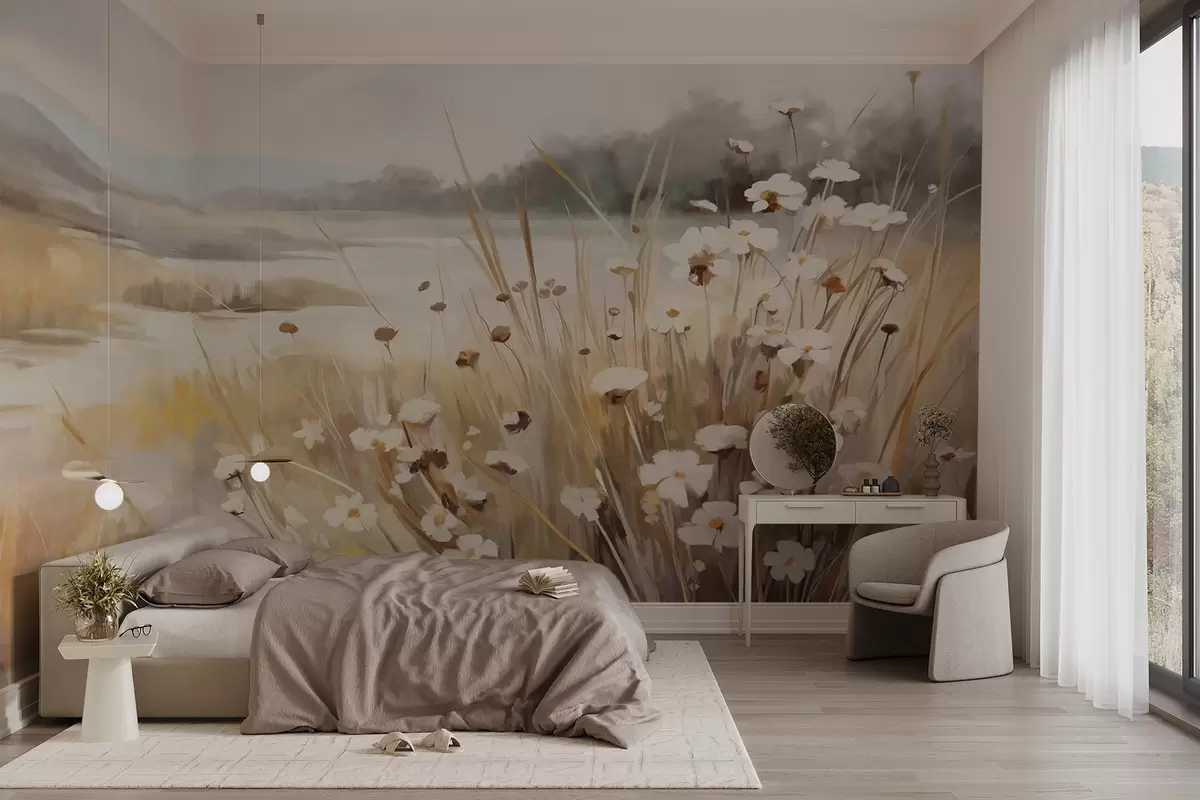 wall murals Field of tall grass and white daisies, trees in the background, under a cloudy sky, textured landscape, soft brushstrokes w09139