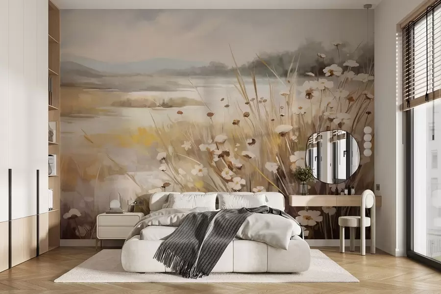 wall murals Field of tall grass and white daisies, trees in the background, under a cloudy sky, textured landscape, soft brushstrokes w09139