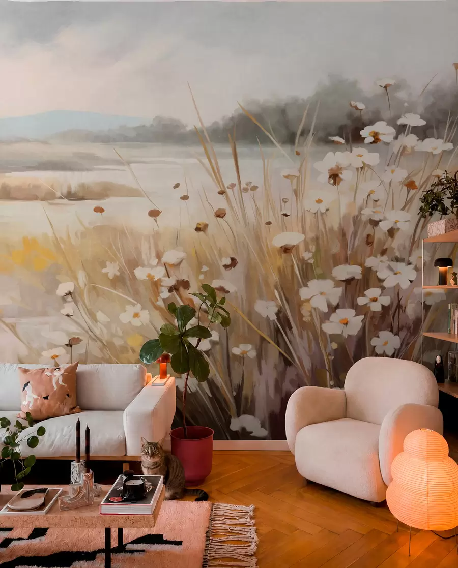 wall murals Field of tall grass and white daisies, trees in the background, under a cloudy sky, textured landscape, soft brushstrokes w09139