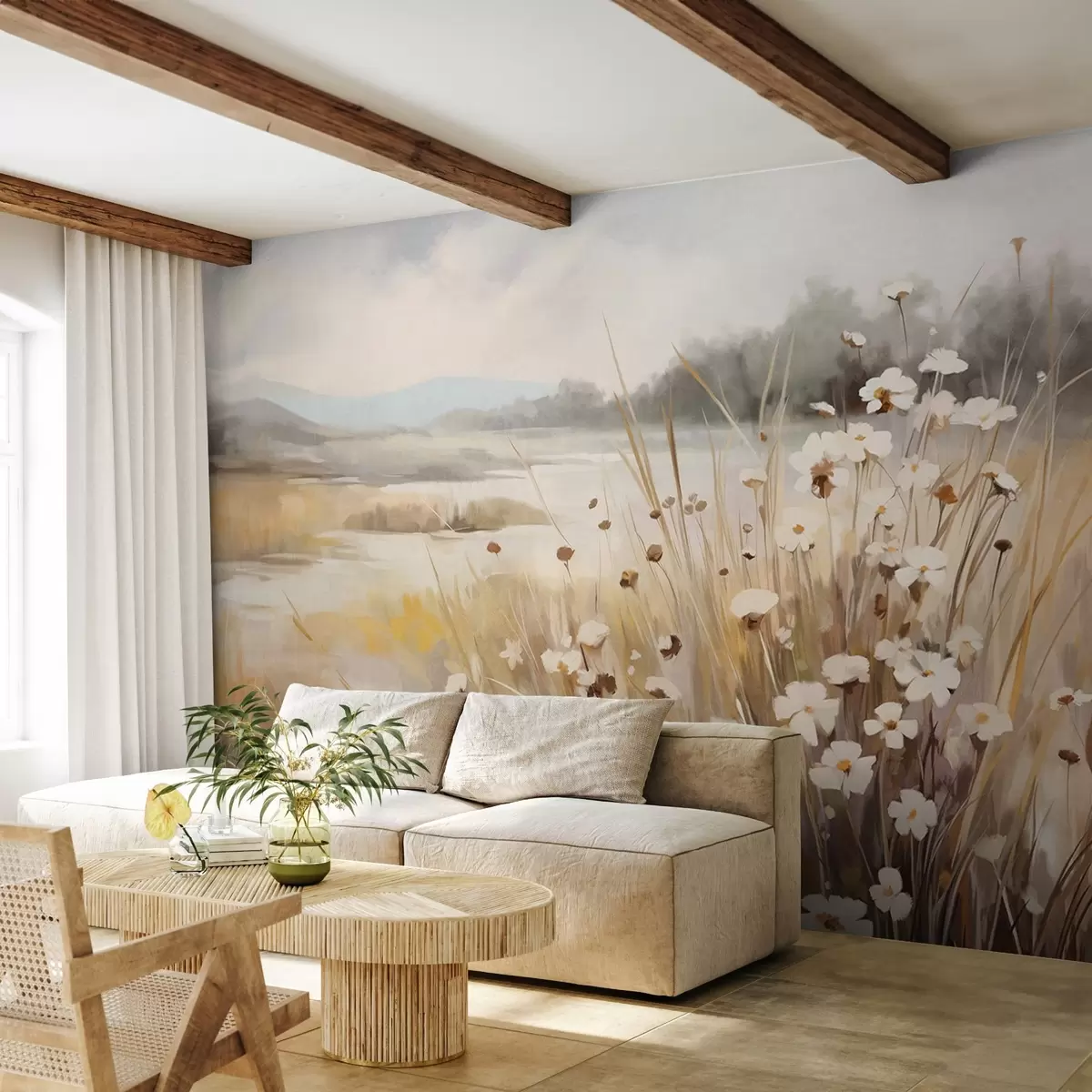 wall murals Field of tall grass and white daisies, trees in the background, under a cloudy sky, textured landscape, soft brushstrokes w09139