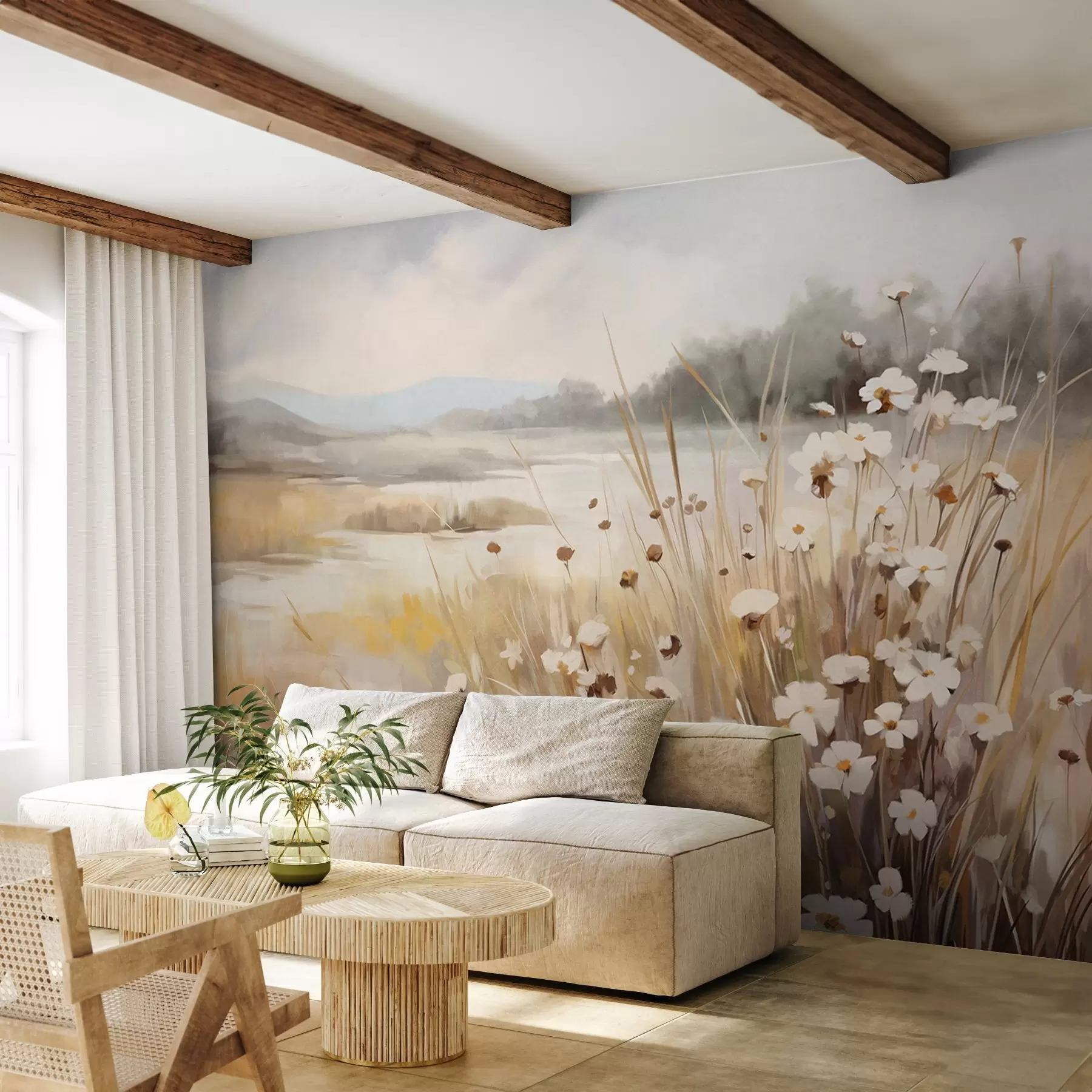 wall murals Field of tall grass and white daisies, trees in the background, under a cloudy sky, textured landscape, soft brushstrokes w09139