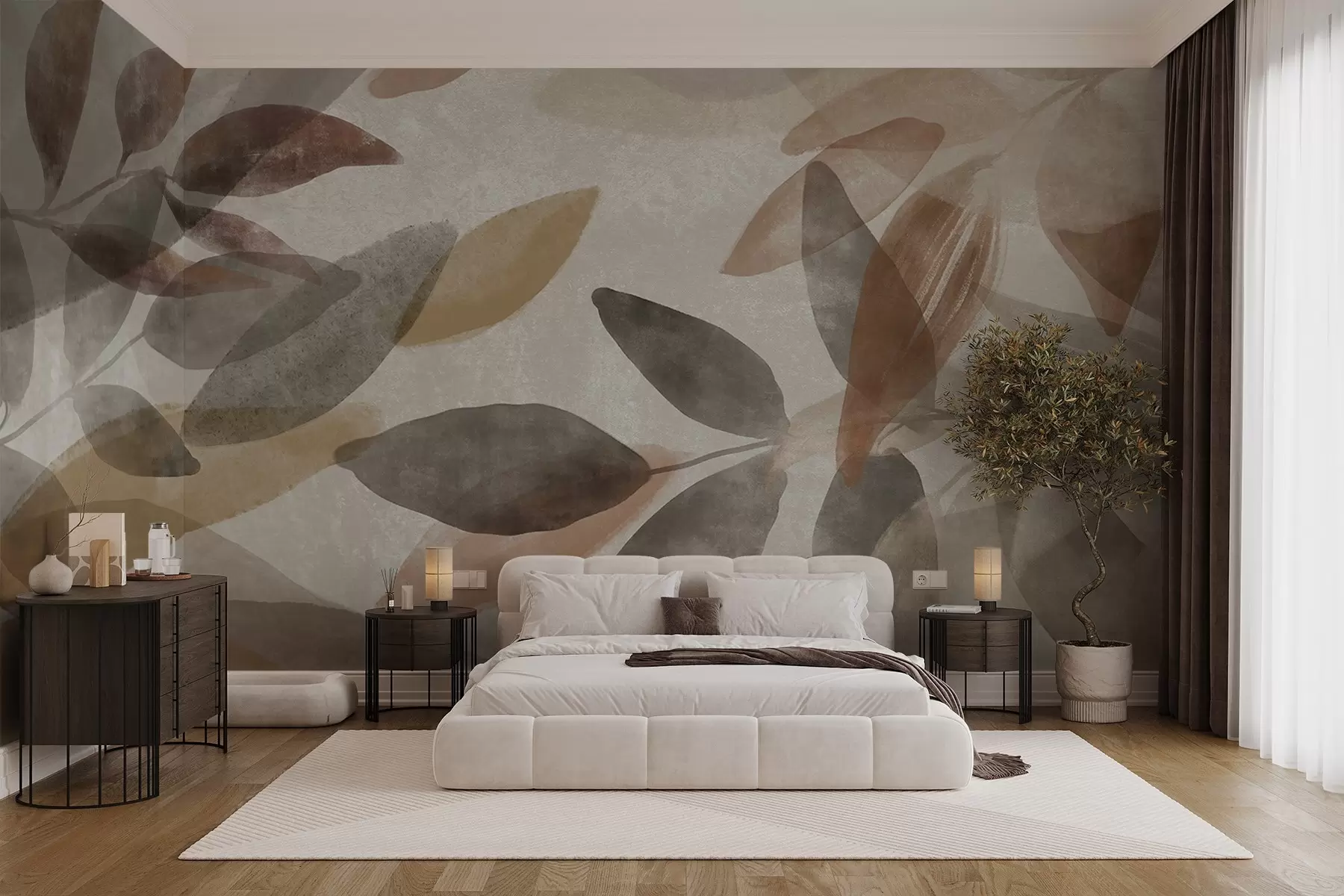 wall murals Abstract textured leaves in muted brown, beige and gray tones, transparent shapes, minimalist style, organic shapes w09140