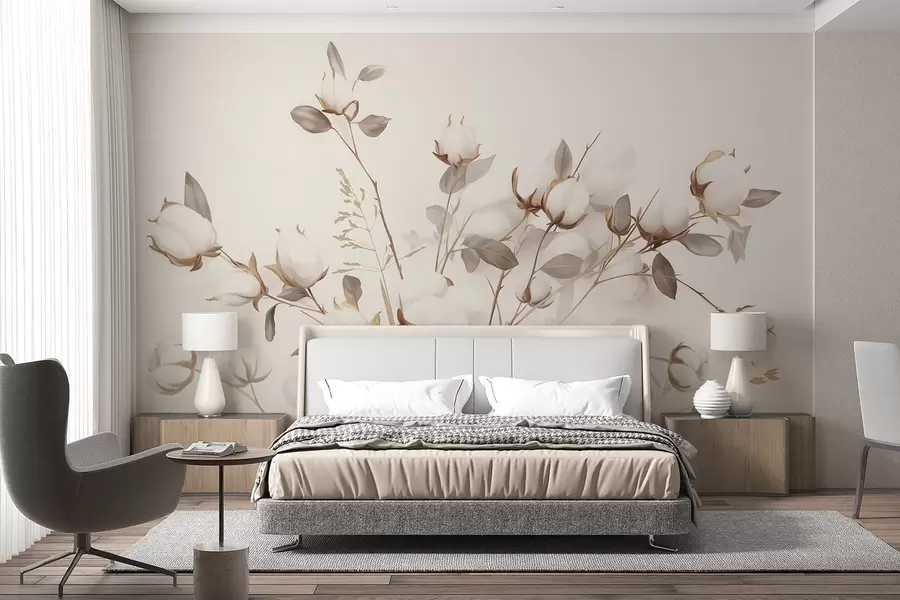 wall murals Cotton flowers with stems and leaves in a light brown color palette, beige background, soft and delicate, watercolor style w09141