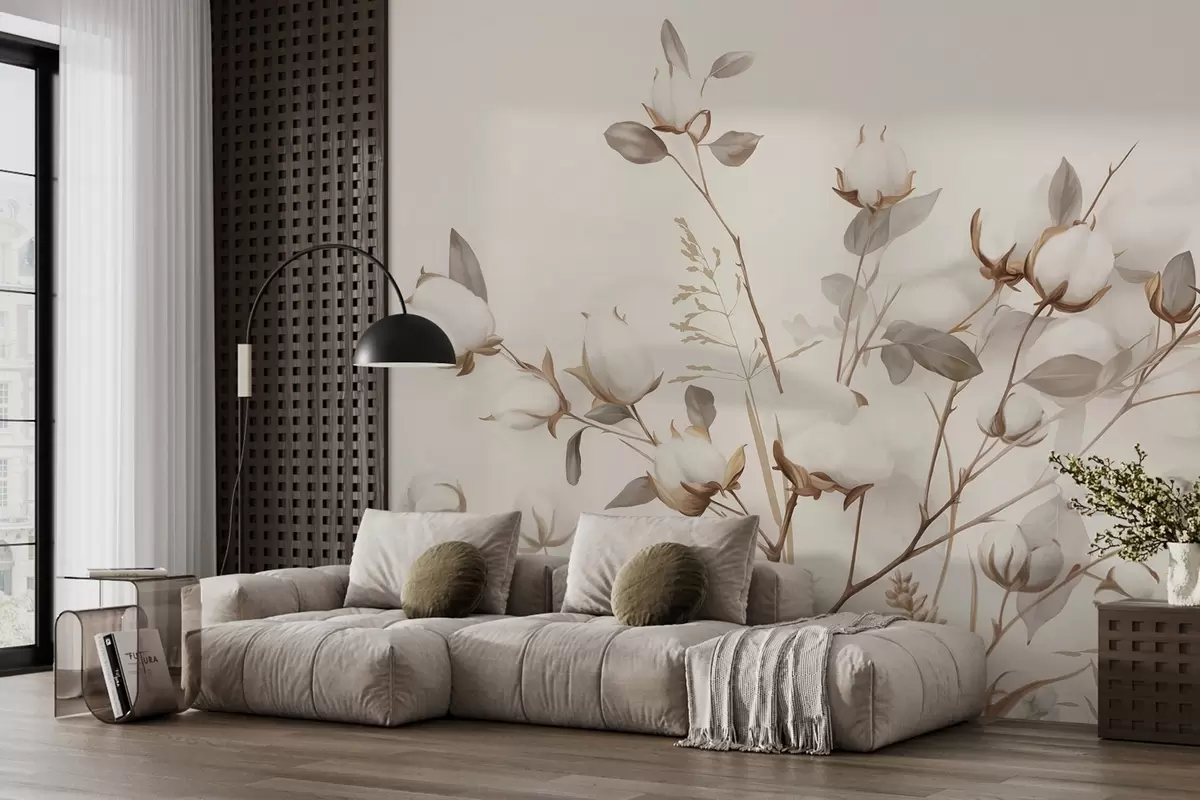 wall murals Cotton flowers with stems and leaves in a light brown color palette, beige background, soft and delicate, watercolor style w09141