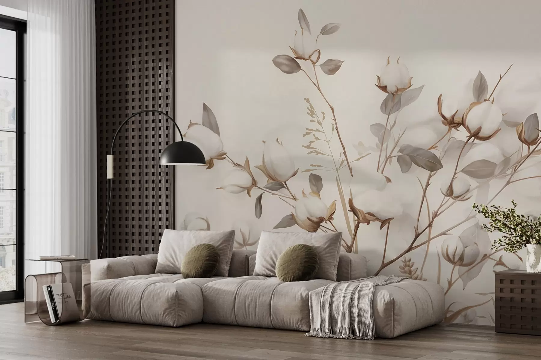 wall murals Cotton flowers with stems and leaves in a light brown color palette, beige background, soft and delicate, watercolor style w09141