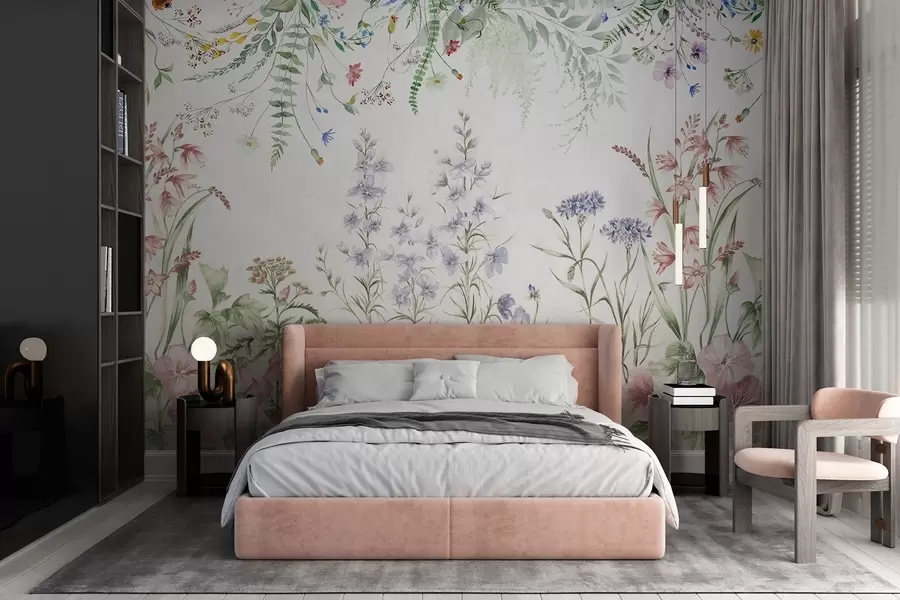 wall murals Floral textural arrangement with colorful flowers and green leaves, botanical illustration , soft pastel colors, vintage style w09143