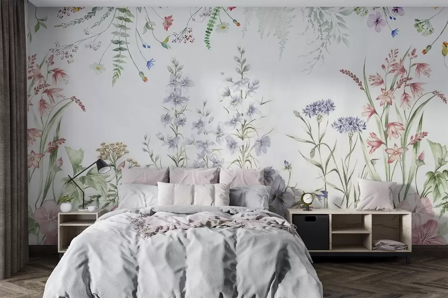 wall murals Floral textural arrangement with colorful flowers and green leaves, botanical illustration , soft pastel colors, vintage style w09143