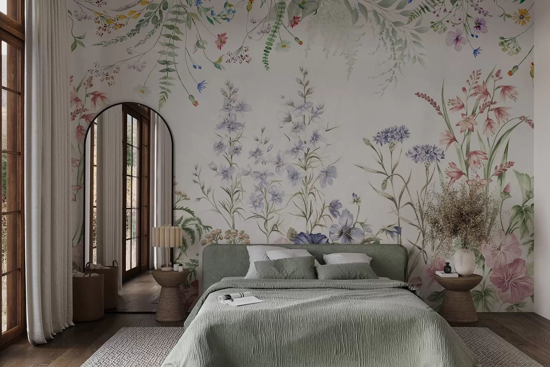 wall murals Floral textural arrangement with colorful flowers and green leaves, botanical illustration , soft pastel colors, vintage style w09143