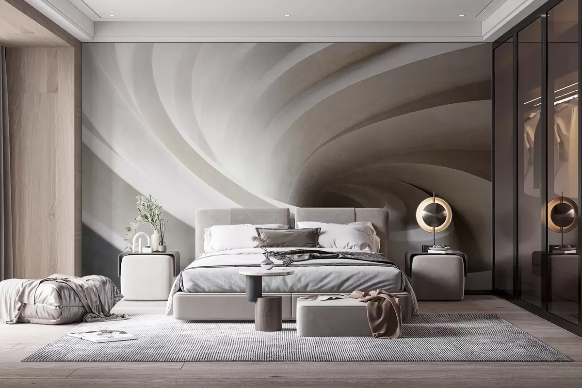 wall murals Abstract textured swirl of white and beige layers, creating a vortex effect, dynamic composition, modern minimalist design w09144