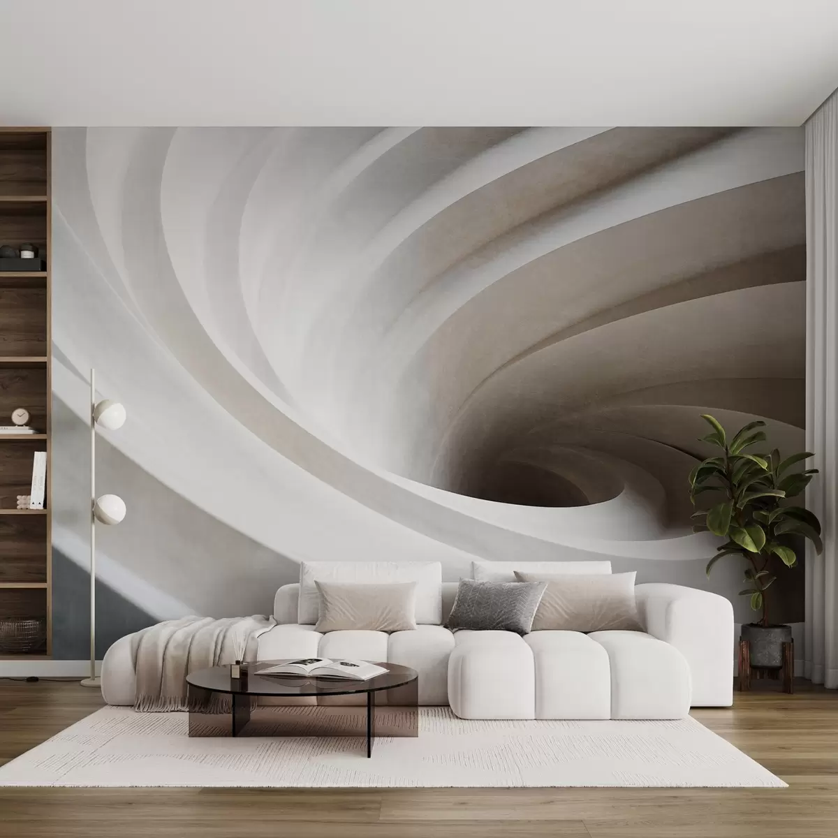 wall murals Abstract textured swirl of white and beige layers, creating a vortex effect, dynamic composition, modern minimalist design w09144