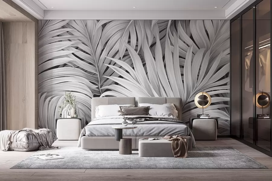 wall murals Monochrome textured tropical palm leaves, creating a tropical and botanical print w09145