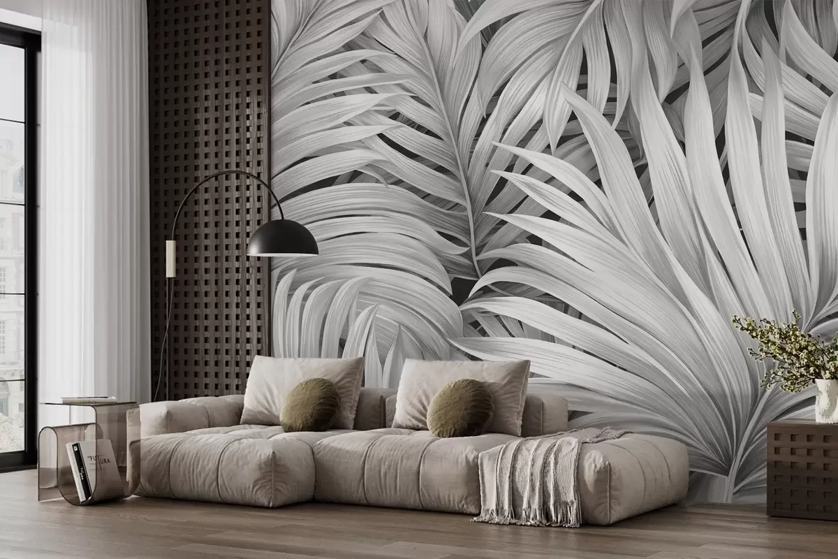 wall murals Monochrome textured tropical palm leaves, creating a tropical and botanical print w09145