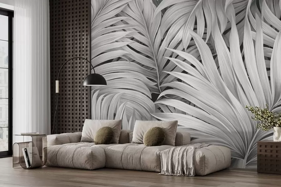 wall murals Monochrome textured tropical palm leaves, creating a tropical and botanical print w09145