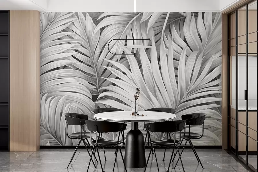 wall murals Monochrome textured tropical palm leaves, creating a tropical and botanical print w09145