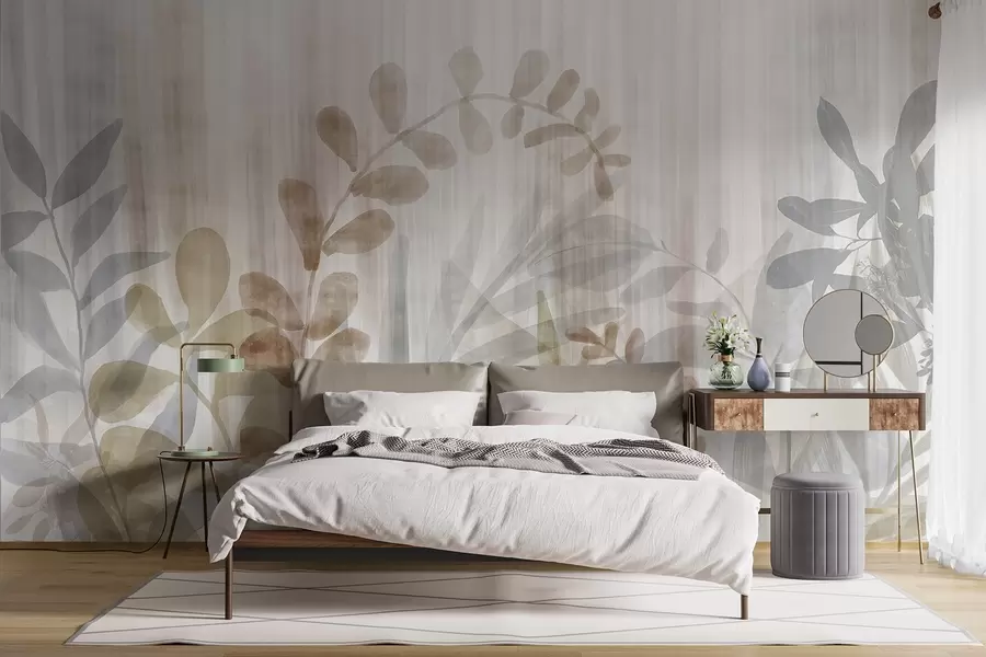 wall murals Watercolor painting imitation of plants with multicolor muted leaves, light background with vertical lines, botanical illustration  w09146