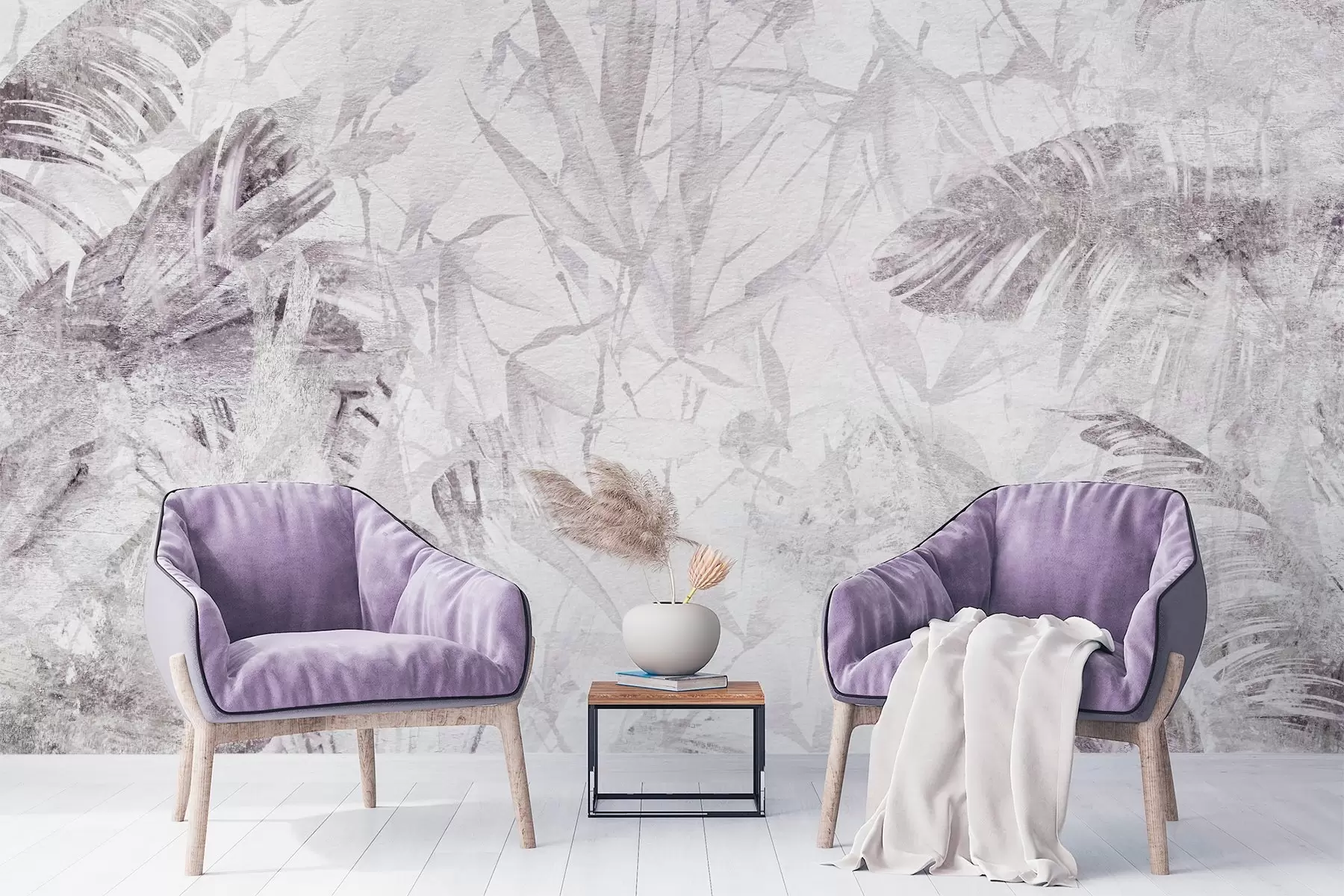 wall murals Floral abstraction in grunge style with imitation of abrasion, shades of purple w03926v1