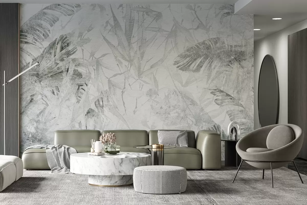wall murals Floral abstraction in grunge style with imitation of abrasion, shades of green w03926v2