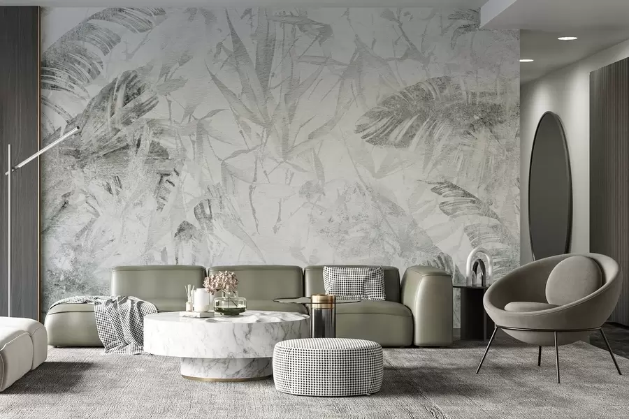 wall murals Floral abstraction in grunge style with imitation of abrasion, shades of green w03926v2