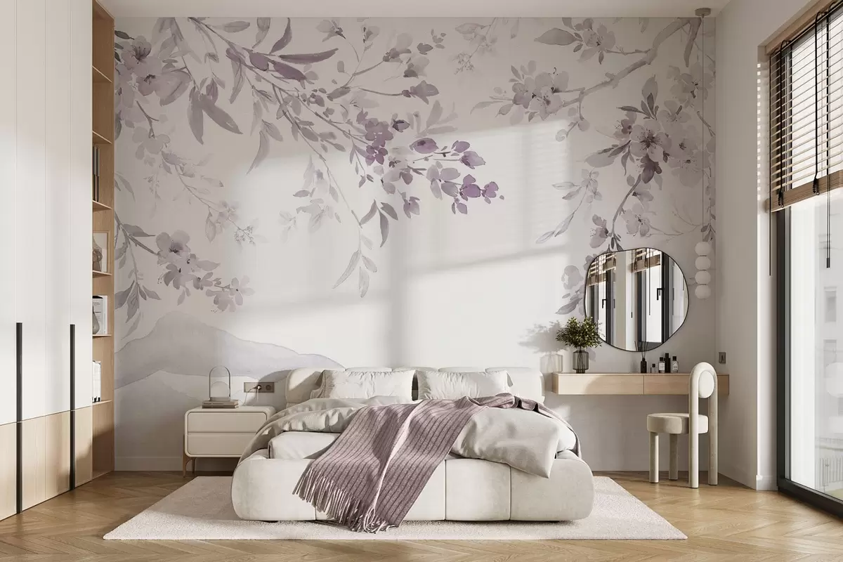 wall murals Flowering branches, imitation of watercolor, purple-pink shades w03935v1