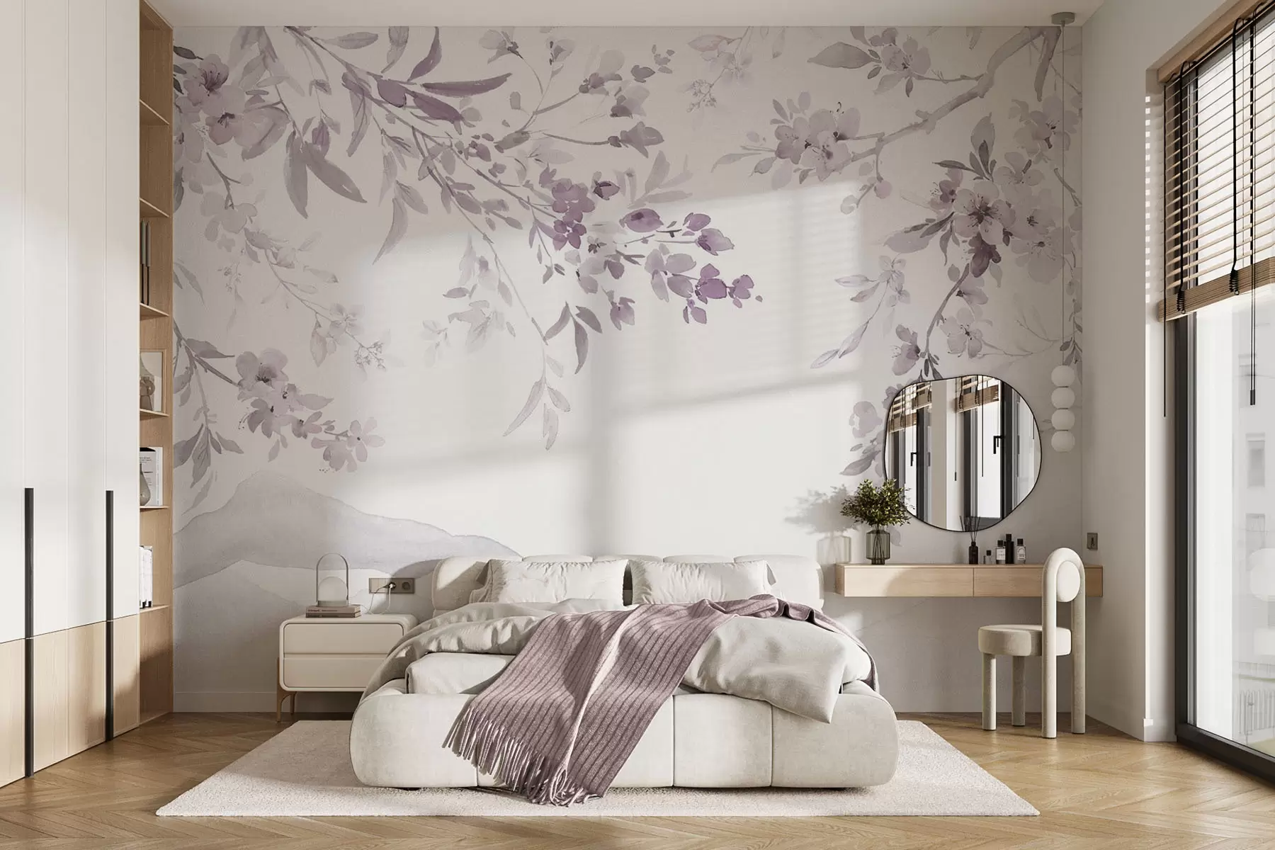 wall murals Flowering branches, imitation of watercolor, purple-pink shades w03935v1