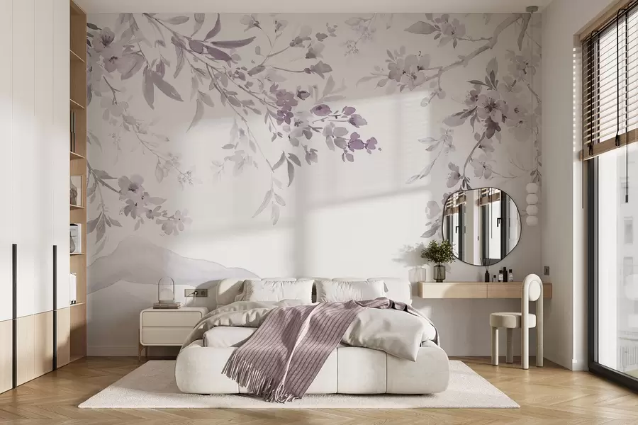 wall murals Flowering branches, imitation of watercolor, purple-pink shades w03935v1