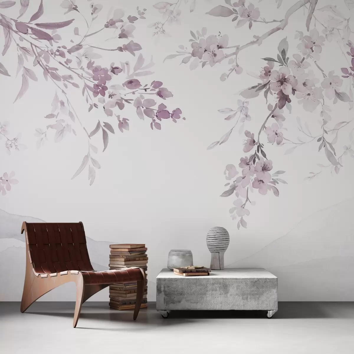 wall murals Flowering branches, imitation of watercolor, purple-pink shades w03935v1