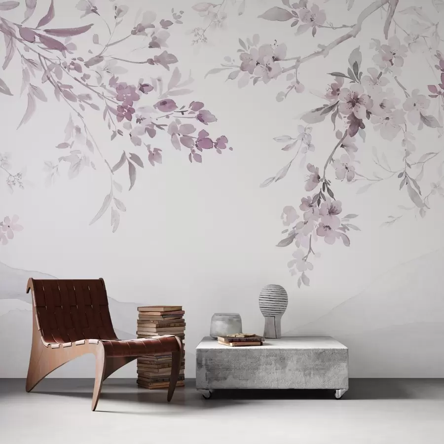 wall murals Flowering branches, imitation of watercolor, purple-pink shades w03935v1