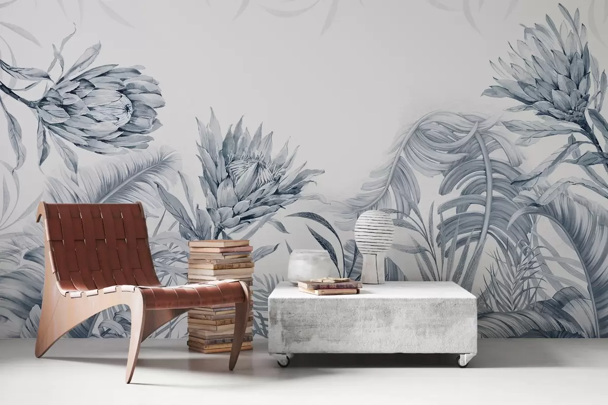 wall murals Protea among tropical leaves, green shades w03952v2