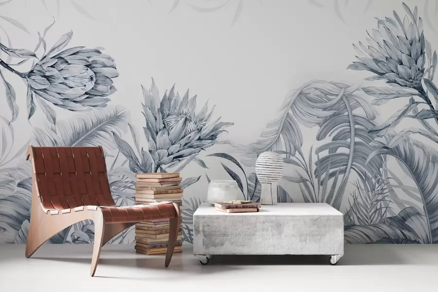 wall murals Protea among tropical leaves, green shades w03952v2