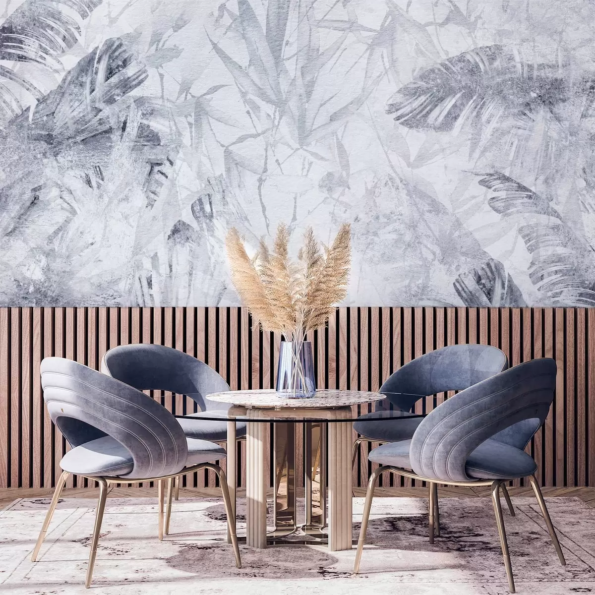 wall murals Floral abstraction in grunge style with imitation of abrasion, shades of blue w03926v3