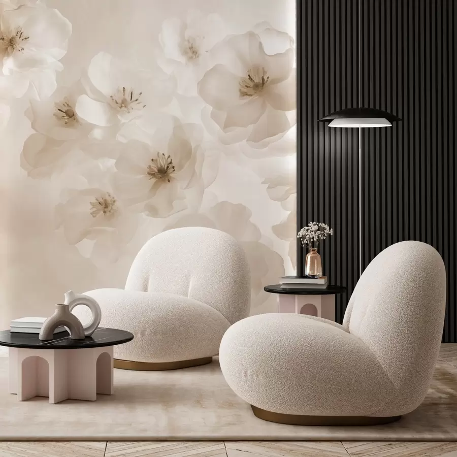 wall murals Delicate large flowers, shades of beige w03931v2