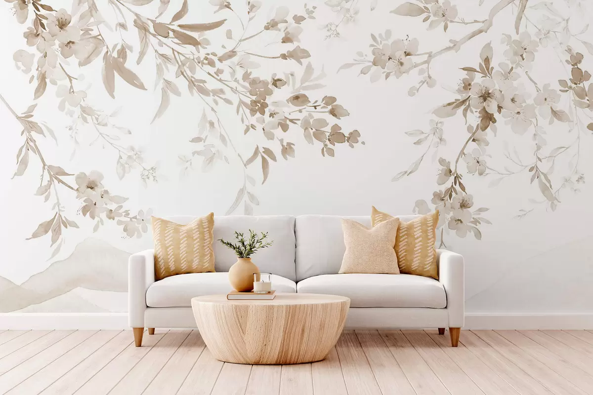 wall murals Flowering branches, imitation of watercolor, beige shades w03935v2