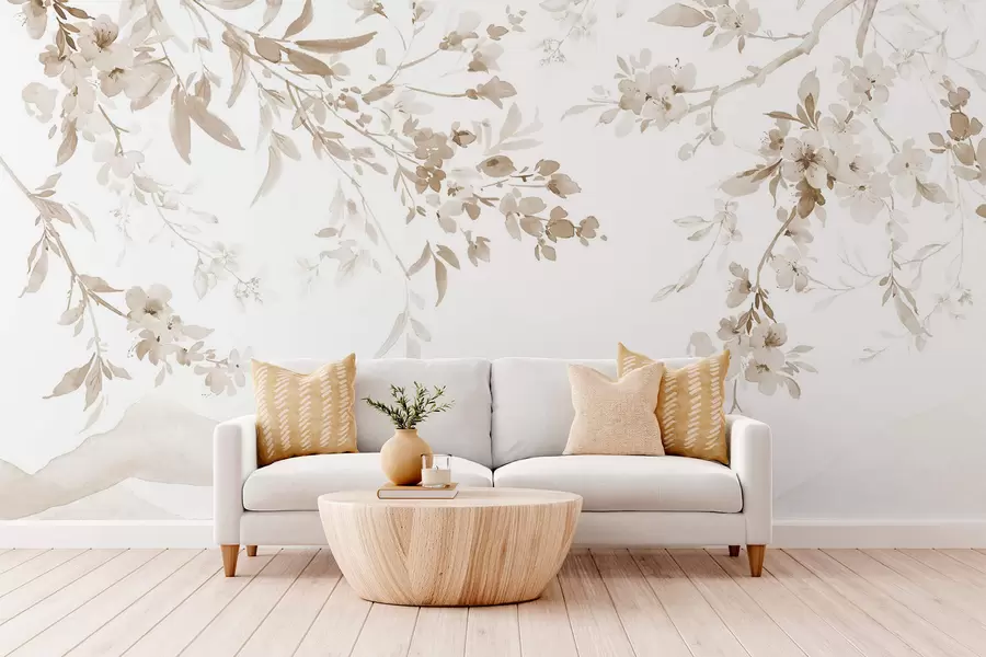 wall murals Flowering branches, imitation of watercolor, beige shades w03935v2
