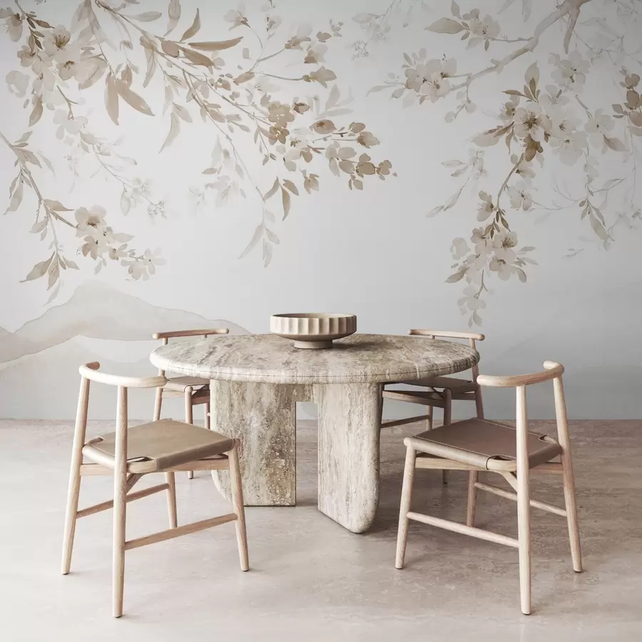 wall murals Flowering branches, imitation of watercolor, beige shades w03935v2