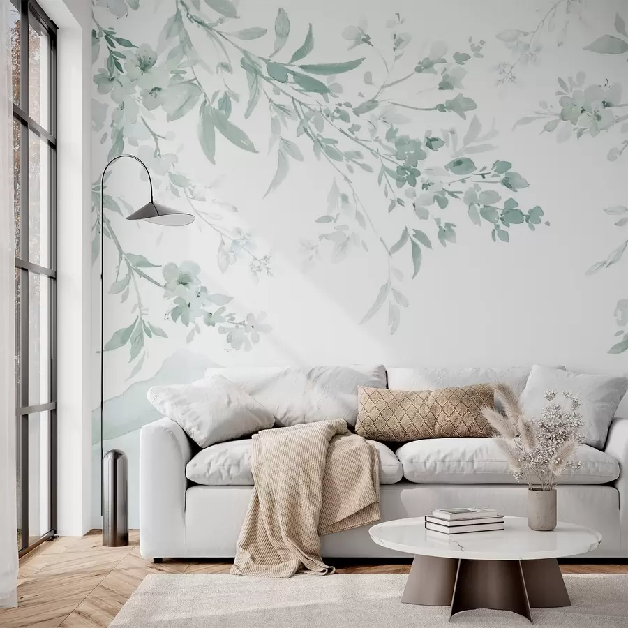 wall murals Flowering branches, imitation of watercolor, green shades w03935v3